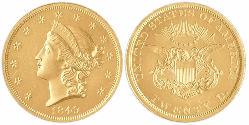 a front and back view of type 1 liberty double eagle gold coin