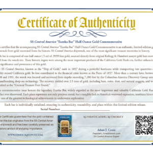 Alternative view of 1857 KELLOGG & HUMBERT Half-Ounce SS Central America - Eureka Bar Commemorative .9999 Pure SSCA Gold UNC - SHIPWRECK