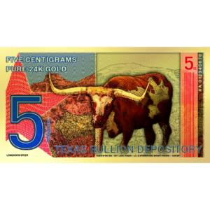 Alternative view of 2025 5 Centigram Gold Texas Lonestar Note