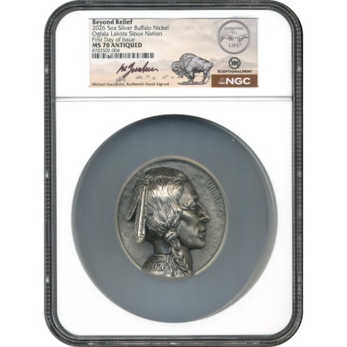 2026 Beyond Relief 5oz Silver Buffalo Nickel Oglala Lakota Sioux Nation NGC MS70 FDOI Antiqued