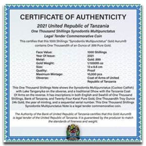 Alternative view of Tanzania Catfish Legal Tender Gold Note 24K