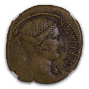 Alternative view of Twelve Caesars Roman Empire 46-45 BC Julius Caesar Dupondius NGC Ch XF - FINE STYLE 4 4