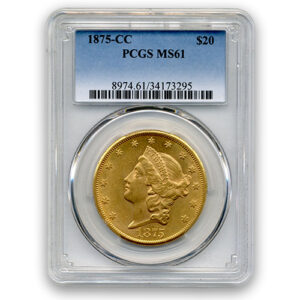 1875 CC $20 GOLD TYPE II LIBERTY PCGS MS61