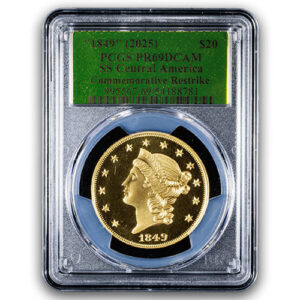 1849 $20 SS CENTRAL AMERICA GOLD 1 OZ - .9999 PURE GOLD RESTRIKE PCGS GOLD LABEL PR69 DEEP CAMEO