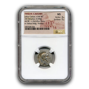 Twelve Caesars 44 BC Julius Caesar Denarius (PORTRAIT) NGC MS 4 5