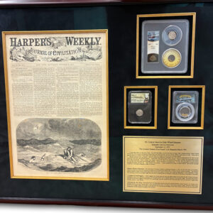 October 3, 1857 Harper's Weekly Frame w/ SS Central America Seated 10C, Bust 10C, Eureka Nuggets