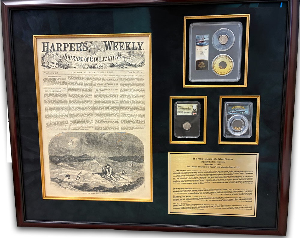 October 3, 1857 Harper's Weekly Frame w/ SS Central America Seated 10C, Bust 10C, Eureka Nuggets