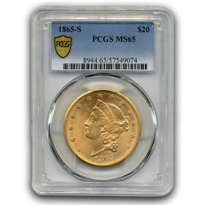 1865 S $20 GOLD TYPE I LIBERTY PCGS MS65