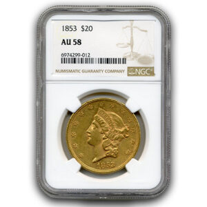 1853 $20 GOLD TYPE I LIBERTY NGC AU58