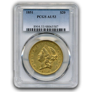 1851 $20 GOLD TYPE I LIBERTY PCGS AU53