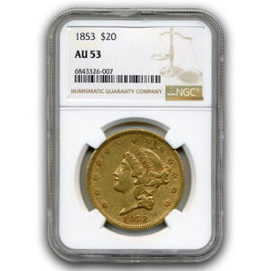 1853 $20 GOLD TYPE I LIBERTY NGC AU53