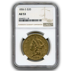 1856 S $20 GOLD TYPE I LIBERTY NGC AU53