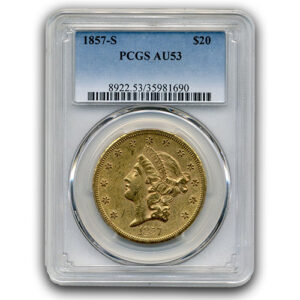 1857 S $20 GOLD TYPE I LIBERTY PCGS AU53