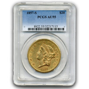 1857 S $20 GOLD TYPE I LIBERTY PCGS AU55