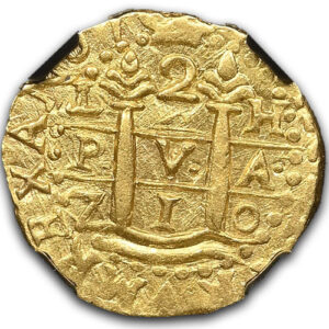 Alternative view of 1710 LIMA PERU 2 ESCUDOS 1715 FLEET - DOUGLAS BEACH FIND NGC - 1715 FLEET MS64